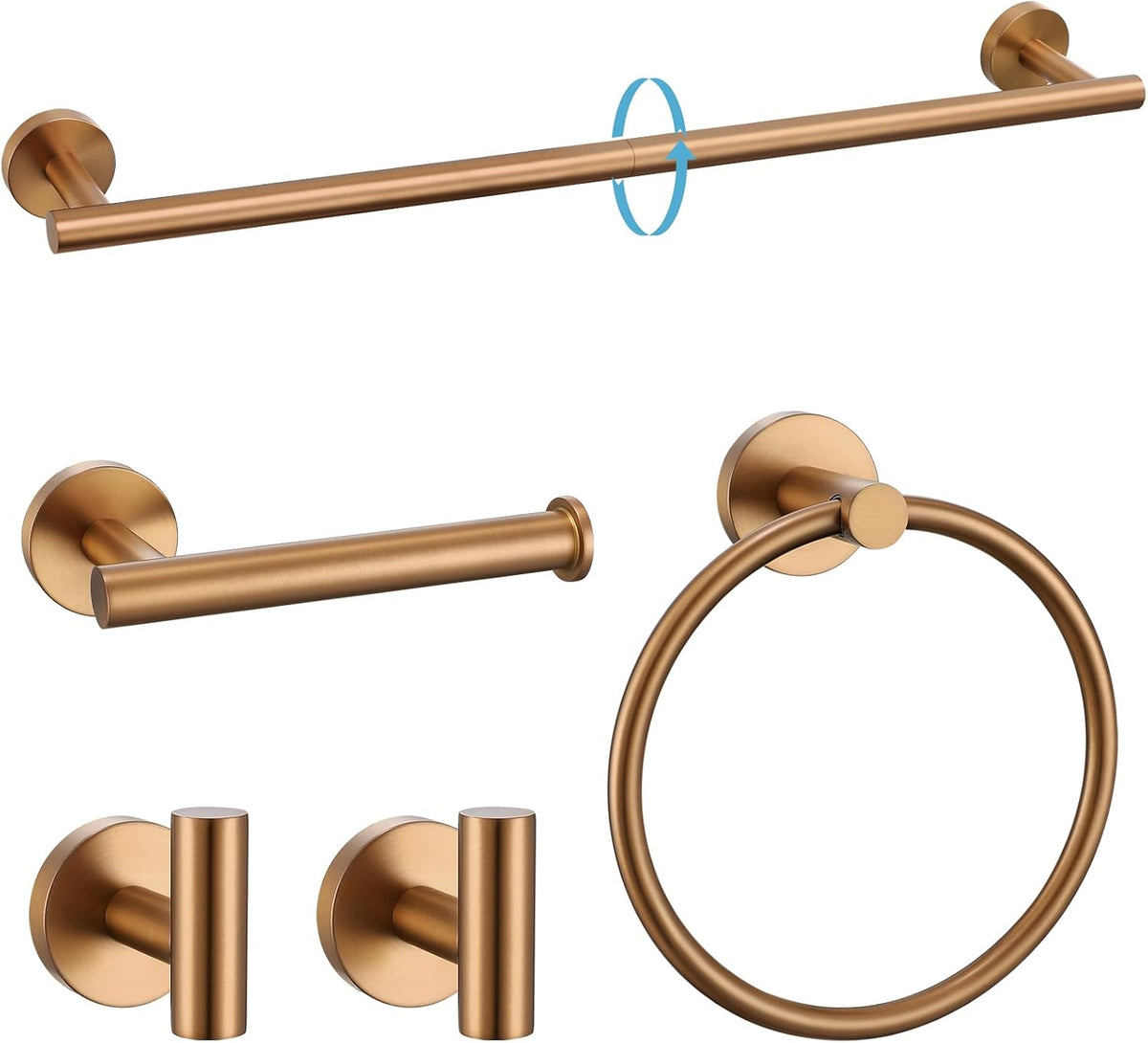 Brushed Rose Gold 5 Piece Bathroom Hardware Set, SUS304 Stainless Steel 23.6 Inch Bath Towel Bar Set, Round Bathroom Accessories Kit Wall Mounted
