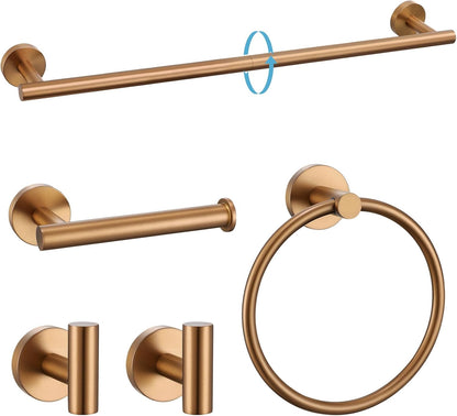 Brushed Rose Gold 5 Piece Bathroom Hardware Set, SUS304 Stainless Steel 23.6 Inch Bath Towel Bar Set, Round Bathroom Accessories Kit Wall Mounted