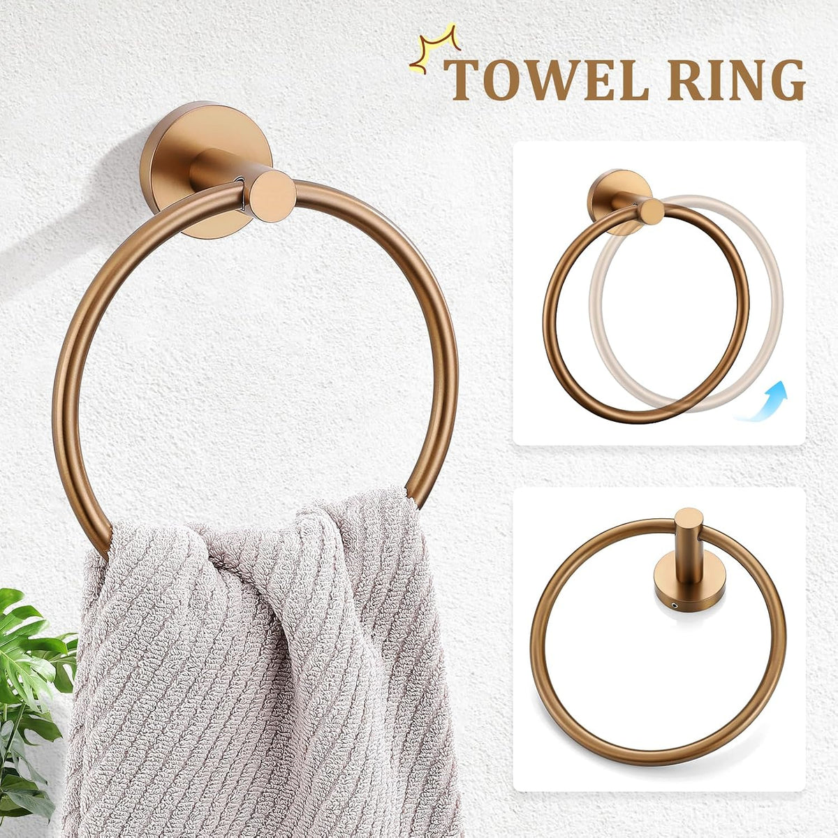 Brushed Rose Gold 5 Piece Bathroom Hardware Set, SUS304 Stainless Steel 23.6 Inch Bath Towel Bar Set, Round Bathroom Accessories Kit Wall Mounted