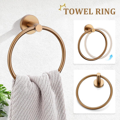 Brushed Rose Gold 5 Piece Bathroom Hardware Set, SUS304 Stainless Steel 23.6 Inch Bath Towel Bar Set, Round Bathroom Accessories Kit Wall Mounted