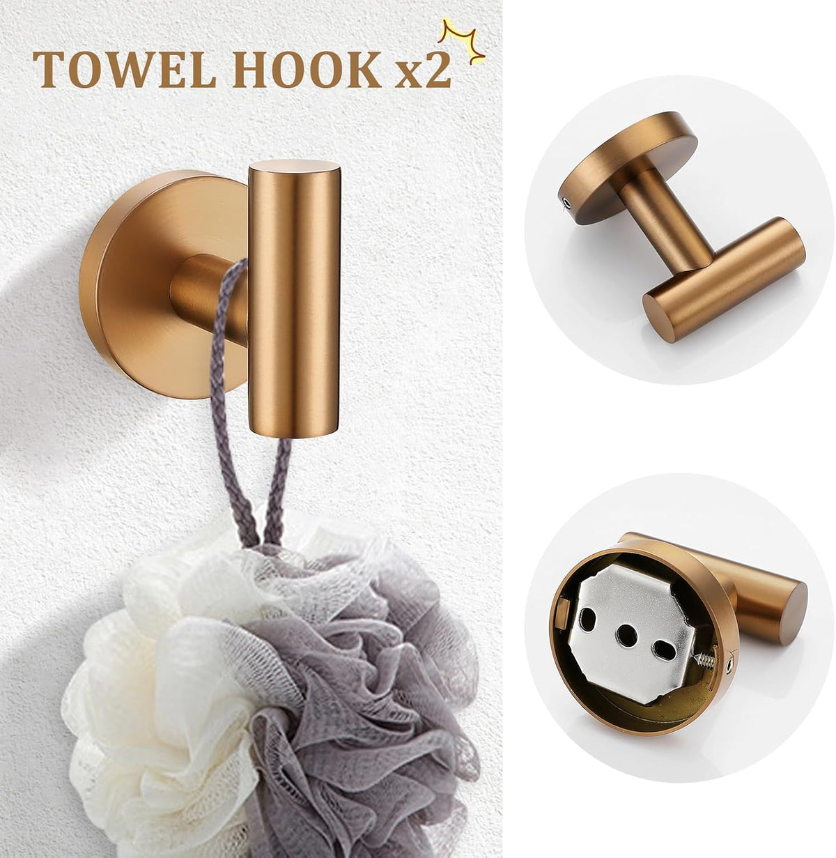Brushed Rose Gold 5 Piece Bathroom Hardware Set, SUS304 Stainless Steel 23.6 Inch Bath Towel Bar Set, Round Bathroom Accessories Kit Wall Mounted