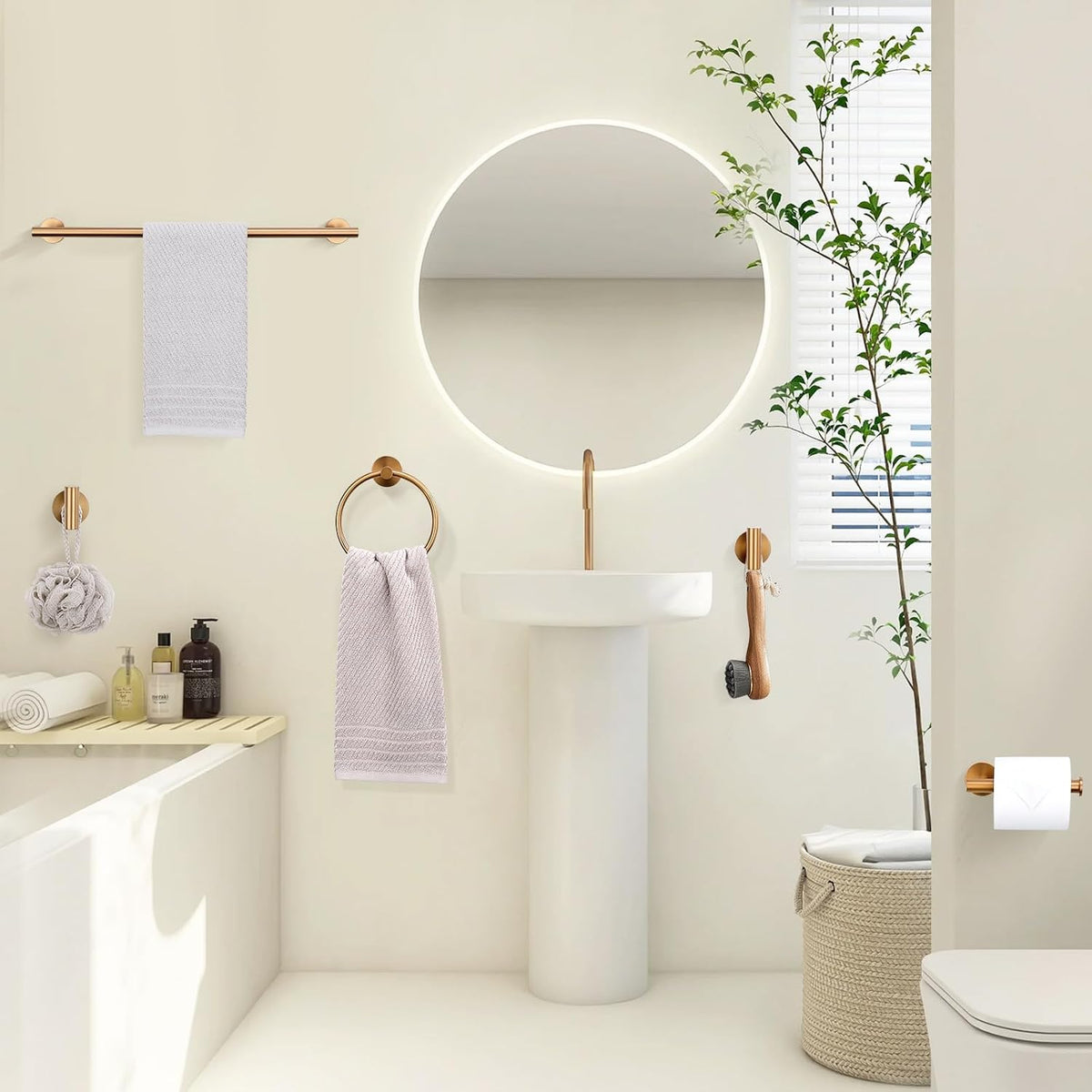 Brushed Rose Gold 5 Piece Bathroom Hardware Set, SUS304 Stainless Steel 23.6 Inch Bath Towel Bar Set, Round Bathroom Accessories Kit Wall Mounted