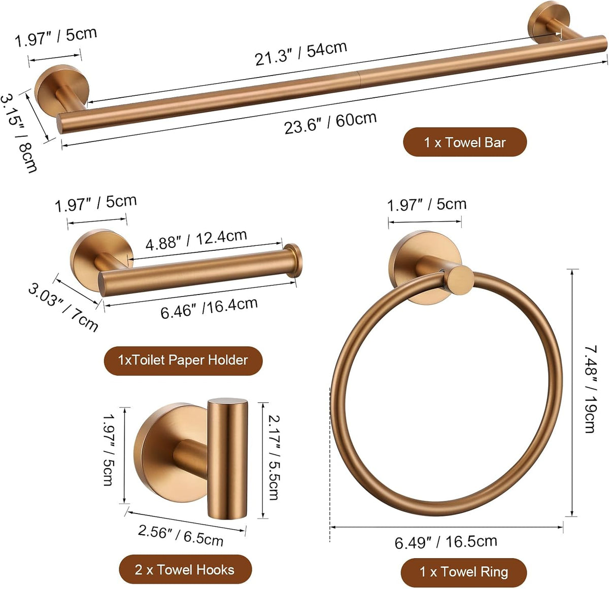 Brushed Rose Gold 5 Piece Bathroom Hardware Set, SUS304 Stainless Steel 23.6 Inch Bath Towel Bar Set, Round Bathroom Accessories Kit Wall Mounted
