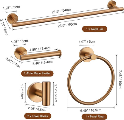 Brushed Rose Gold 5 Piece Bathroom Hardware Set, SUS304 Stainless Steel 23.6 Inch Bath Towel Bar Set, Round Bathroom Accessories Kit Wall Mounted