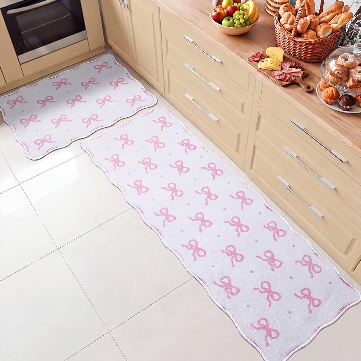 2 Pcs Scalloped Pink Bow Kitchen Rug and Mat, 47" x 17, 30" x 17"