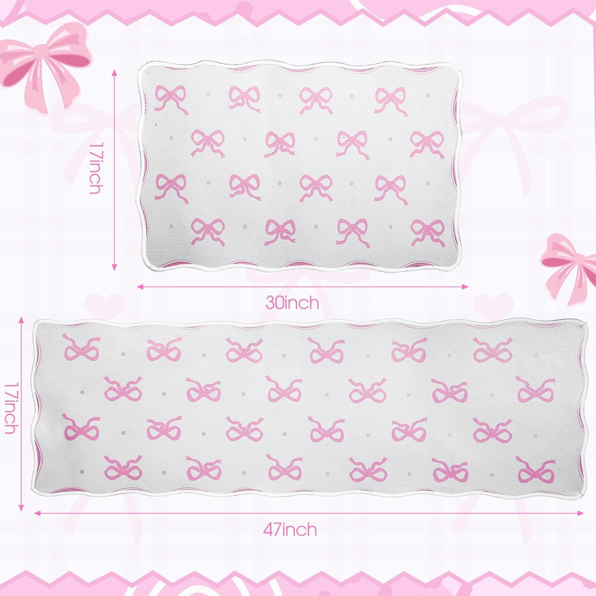 2 Pcs Scalloped Pink Bow Kitchen Rug and Mat, 47" x 17, 30" x 17"