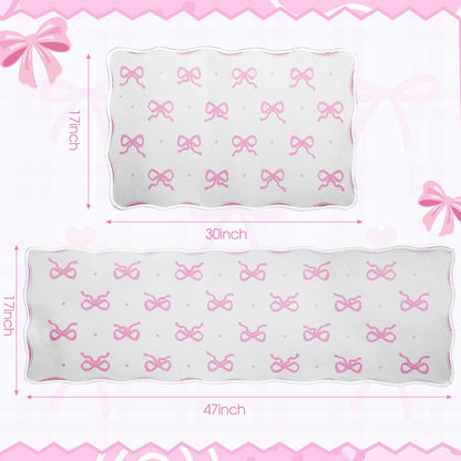 2 Pcs Scalloped Pink Bow Kitchen Rug and Mat, 47" x 17, 30" x 17"