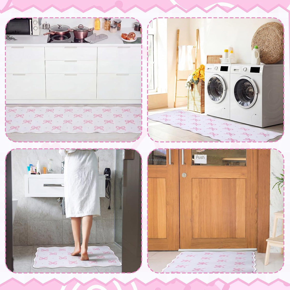 2 Pcs Scalloped Pink Bow Kitchen Rug and Mat, 47" x 17, 30" x 17"
