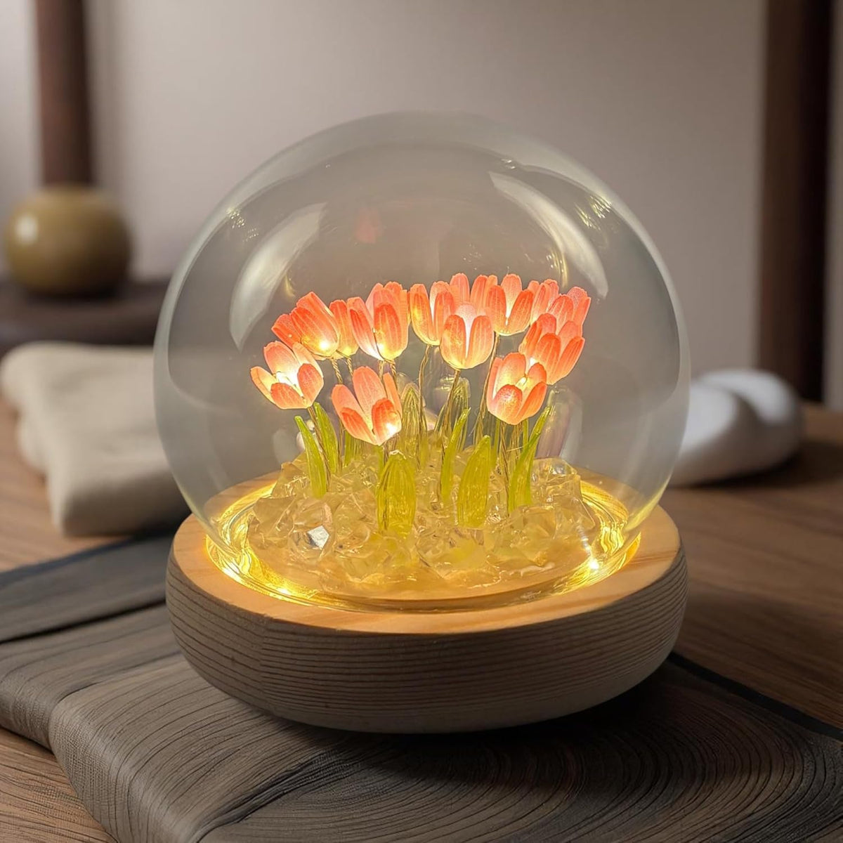 Tulip Lamp Glass Globe - Illuminated Flower Lamp with Glowing Blooms on Wooden Base - Battery-Powered Decorative Night Light for Bedroom, Living Room & Home Decor