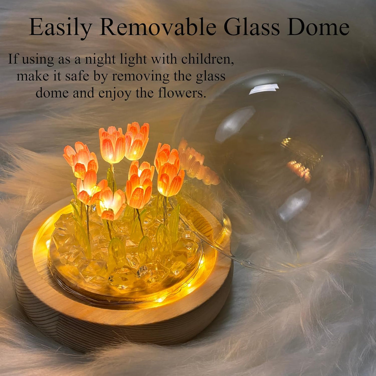 Tulip Lamp Glass Globe - Illuminated Flower Lamp with Glowing Blooms on Wooden Base - Battery-Powered Decorative Night Light for Bedroom, Living Room & Home Decor