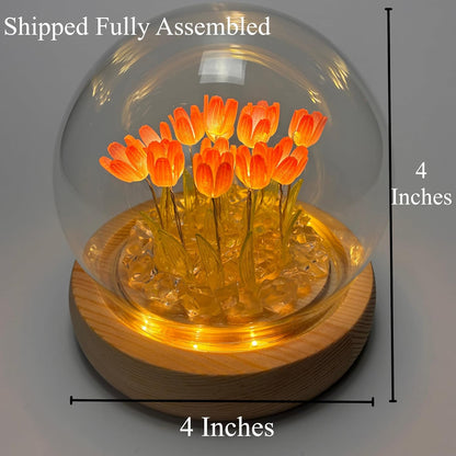 Tulip Lamp Glass Globe - Illuminated Flower Lamp with Glowing Blooms on Wooden Base - Battery-Powered Decorative Night Light for Bedroom, Living Room & Home Decor