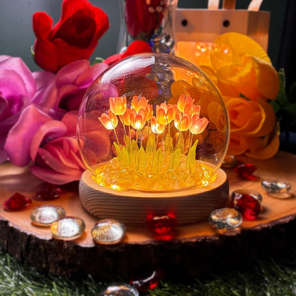 Tulip Lamp Glass Globe - Illuminated Flower Lamp with Glowing Blooms on Wooden Base - Battery-Powered Decorative Night Light for Bedroom, Living Room & Home Decor