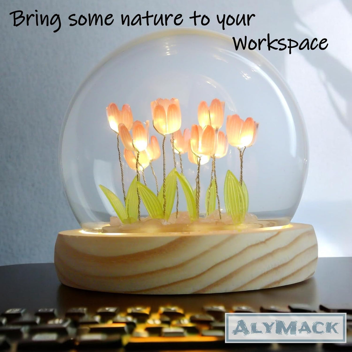 Tulip Lamp Glass Globe - Illuminated Flower Lamp with Glowing Blooms on Wooden Base - Battery-Powered Decorative Night Light for Bedroom, Living Room & Home Decor
