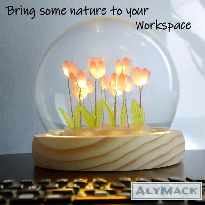 Tulip Lamp Glass Globe - Illuminated Flower Lamp with Glowing Blooms on Wooden Base - Battery-Powered Decorative Night Light for Bedroom, Living Room & Home Decor