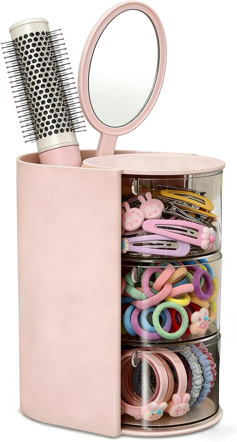 Hair Accessories Organizer, 3 Layer Hair Tool Organizer with Brush Holder, Rotatable Makeup Storage Organizers for Girls, Storage Box for Clip, Rings (Pink)