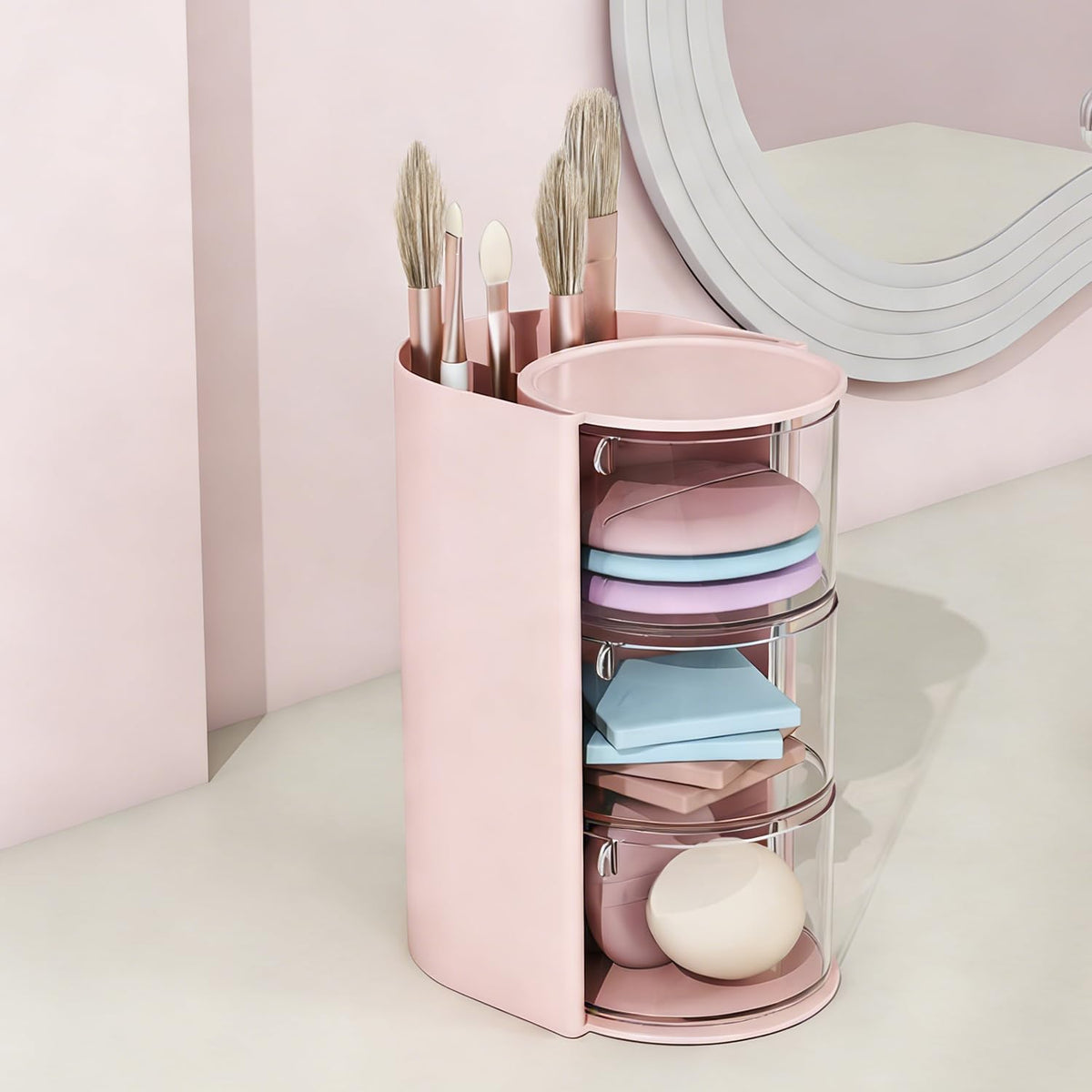 Hair Accessories Organizer, 3 Layer Hair Tool Organizer with Brush Holder, Rotatable Makeup Storage Organizers for Girls, Storage Box for Clip, Rings (Pink)