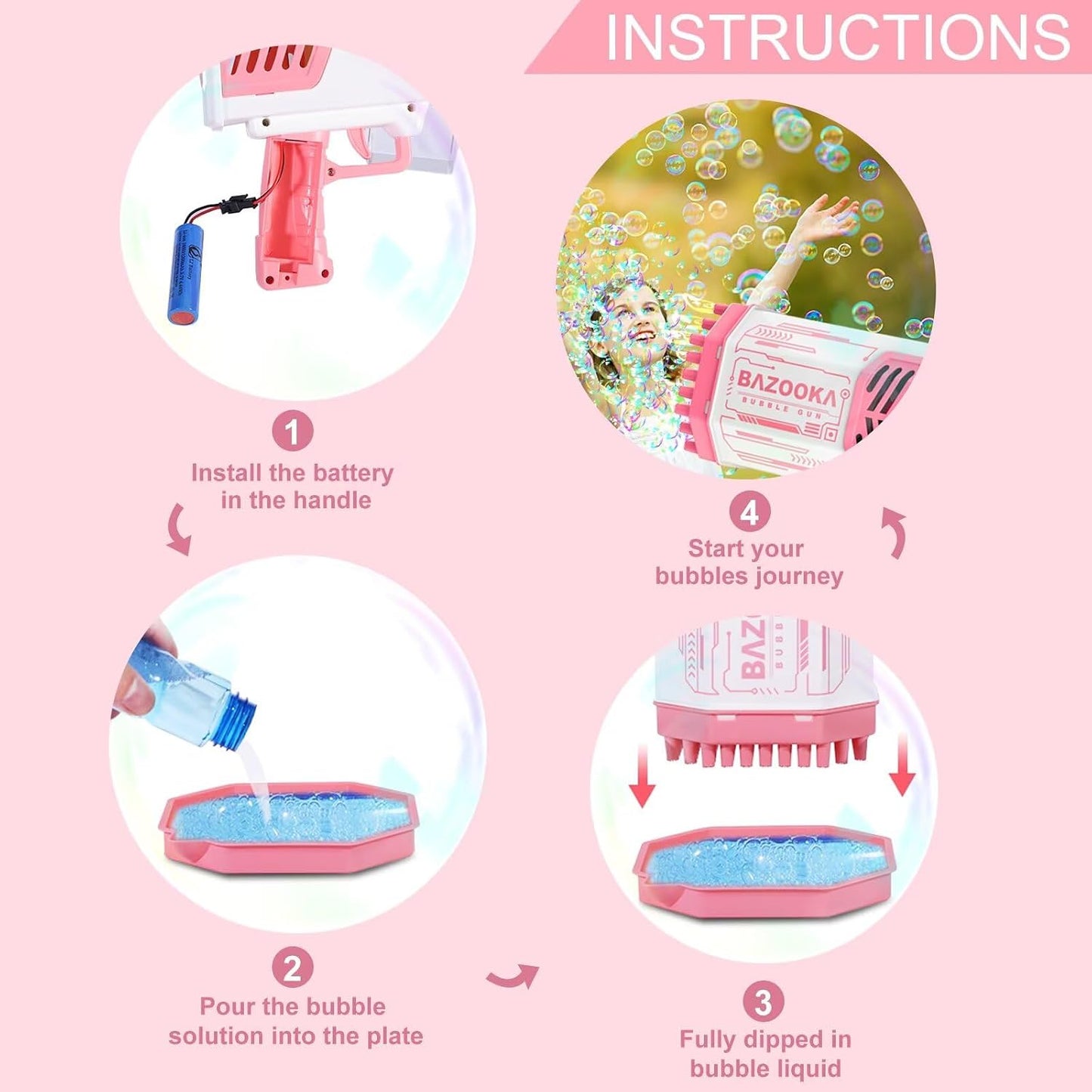 Bubble Gun, Pink Bazooka Bubble Machine with Bubble Solution