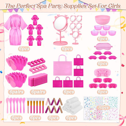 Spa Party Supplies for Girls, 6 Satin Robes Kids Spa Birthday Sleepover Supplies Kit