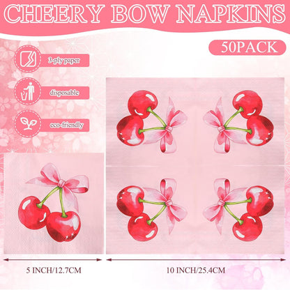 Reallnaive 50 Pcs Pink Bow Party Decoration Coquette Cherry Napkin 3 Ply Pink Birthday Dinner Disposable Paper Party Supplies for Wedding Birthday Bachelorette Baby Shower(Cherry Bow)