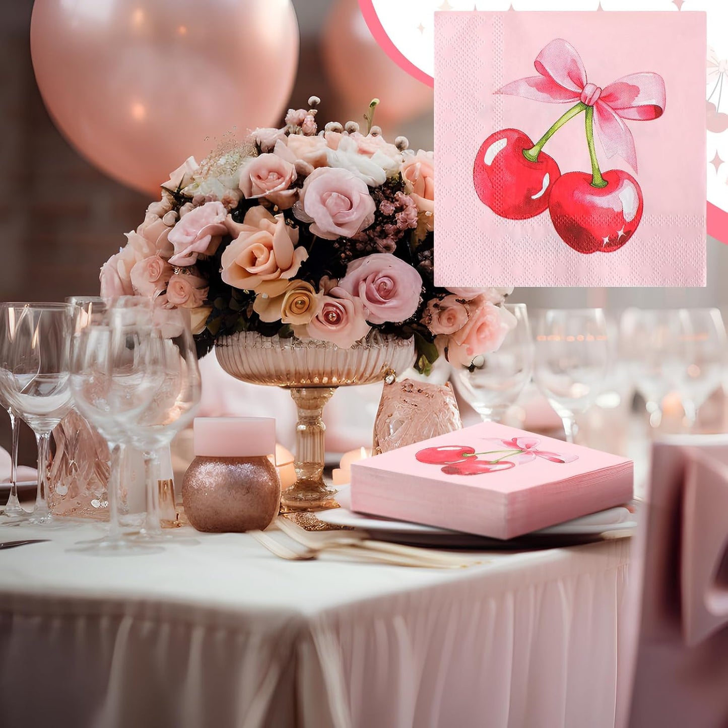 Reallnaive 50 Pcs Pink Bow Party Decoration Coquette Cherry Napkin 3 Ply Pink Birthday Dinner Disposable Paper Party Supplies for Wedding Birthday Bachelorette Baby Shower(Cherry Bow)