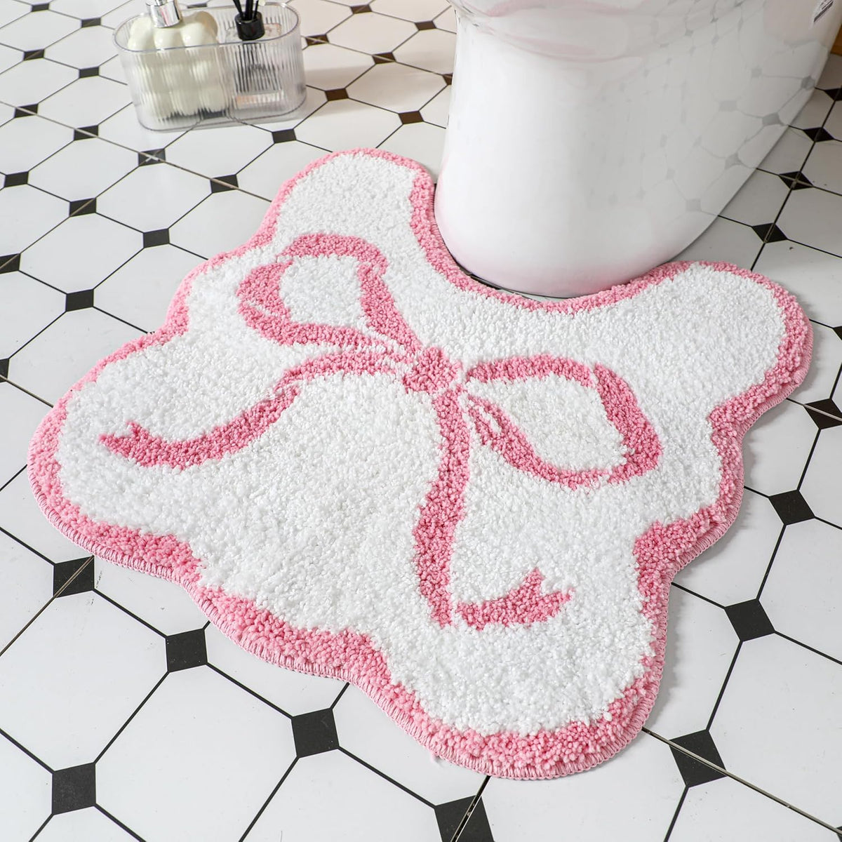 Pink Bow Bathroom Rug Bow Toilet Rugs 20 x 20 Inches U Shaped Luxury Scalloped Bathroom Decor Non Slip Cute Microfiber Soft Plush Bath Mat Coquette Stuff for Toilet Back to School Shower