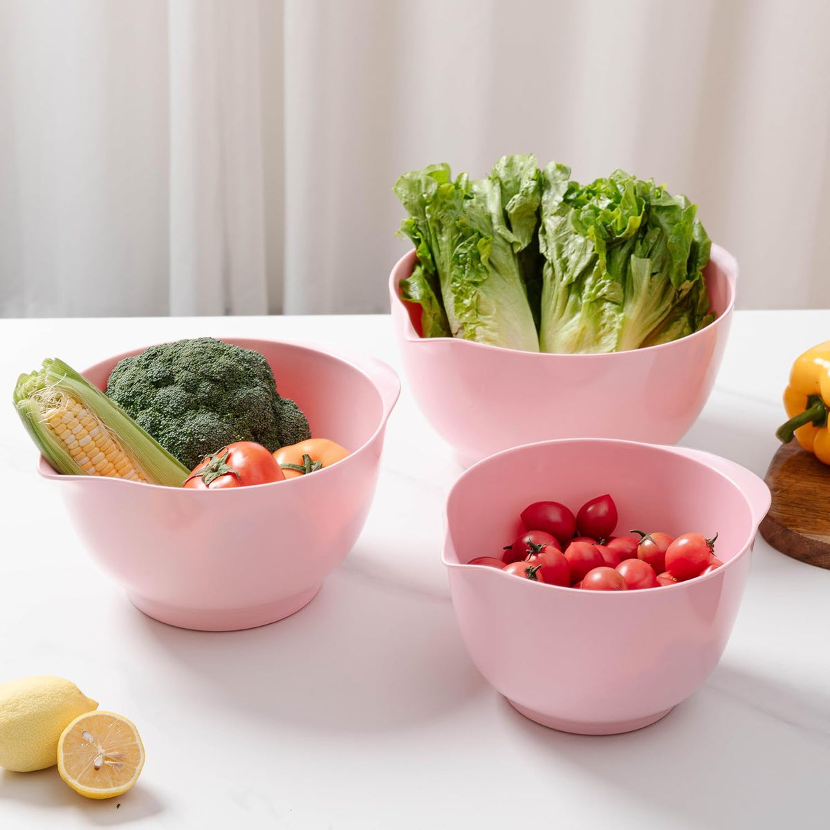 Nesting Melamine Mixing Bowl Set with Pour Spouts, Set of 3, Nesting Design Saves Space, Non-Slip, Size 2, 2.9 and 3.9qt, for Prepping, Mixing, Baking, Cooking, Pink