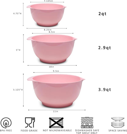 Nesting Melamine Mixing Bowl Set with Pour Spouts, Set of 3, Nesting Design Saves Space, Non-Slip, Size 2, 2.9 and 3.9qt, for Prepping, Mixing, Baking, Cooking, Pink