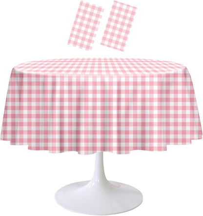 2 Pack Pink Gingham Tablecloth Round 84 x 84 Inch Round Plastic Checkered Table Cloth Disposable Plaid Table Cover for Picnic Party Birthday Wedding Baby Shower Circle Pink Tablecloth
