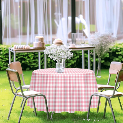 2 Pack Pink Gingham Tablecloth Round 84 x 84 Inch Round Plastic Checkered Table Cloth Disposable Plaid Table Cover for Picnic Party Birthday Wedding Baby Shower Circle Pink Tablecloth