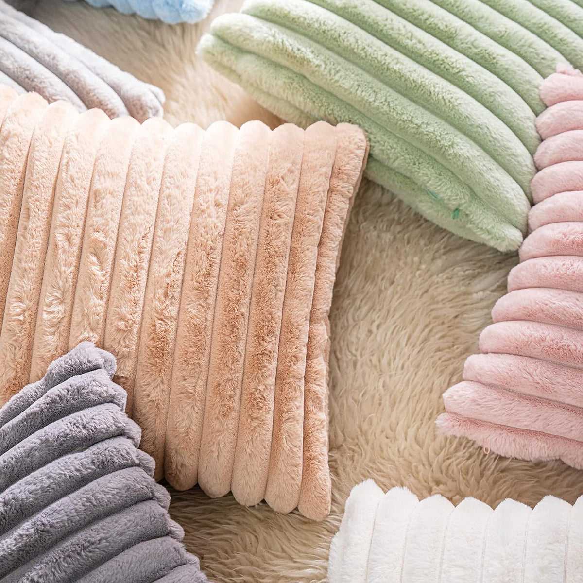 Pack of 2,Double-Sided Faux Fur Plush Decorative Throw Pillow Covers Fuzzy Striped Soft Pillowcase Cushion Covers for Sofa Couch Bedroom