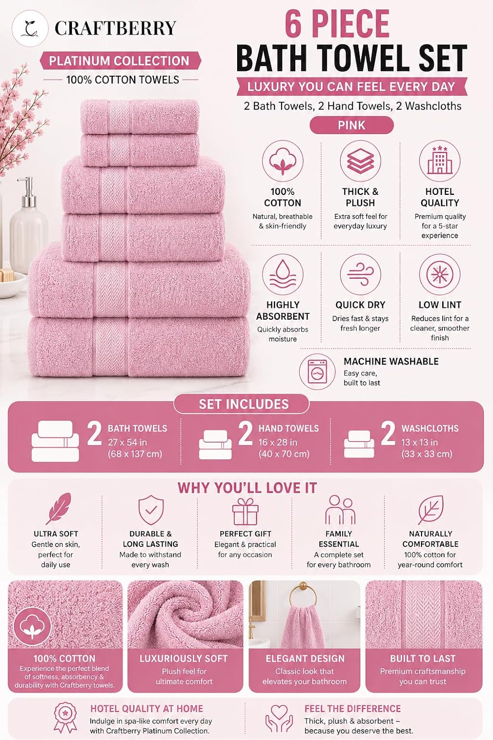 6 Piece Bath Towel Set, 2 Bath, 2 Hand, 2 Washcloths, Pink