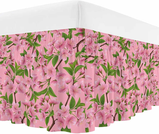 Pink Peach Flowers Bed Skirt Queen Size 16 Inch Drop, Wrap Around Bed Skirts, Spring Botanical Watercolor Floral Leaf Elastic Bedskirt Pleated Bed Frame Cover Luxurious Dust Ruffle for Queen Bed