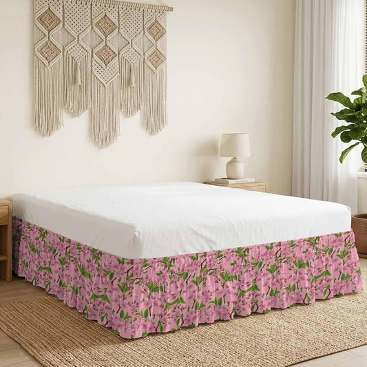 Pink Peach Flowers Bed Skirt Queen Size 16 Inch Drop, Wrap Around Bed Skirts, Spring Botanical Watercolor Floral Leaf Elastic Bedskirt Pleated Bed Frame Cover Luxurious Dust Ruffle for Queen Bed