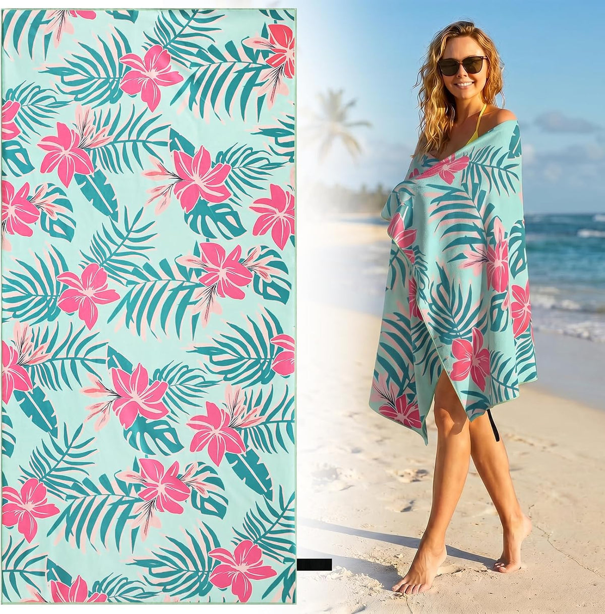 Oversized Beach Towel for Women Adults, 35x72" Large Sand-resist Beach Towel, Absorbent Compact Towel with Light Teal Pink Floral Double Sided Printed Design, Quick-dry Beach Towel for Pool Travel