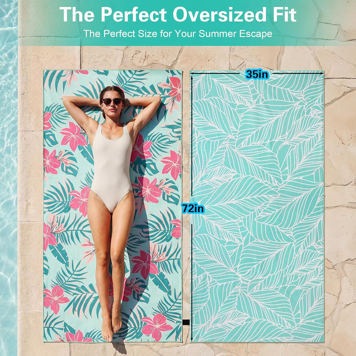 Oversized Beach Towel for Women Adults, 35x72" Large Sand-resist Beach Towel, Absorbent Compact Towel with Light Teal Pink Floral Double Sided Printed Design, Quick-dry Beach Towel for Pool Travel