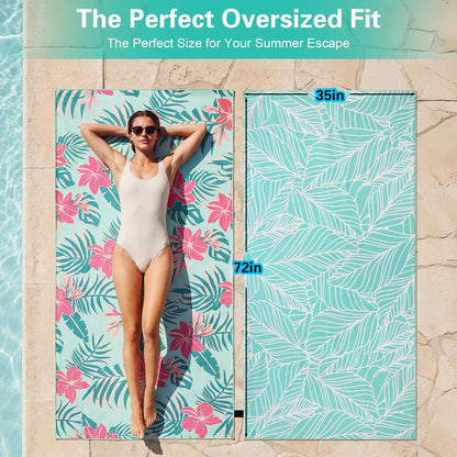 Oversized Beach Towel for Women Adults, 35x72" Large Sand-resist Beach Towel, Absorbent Compact Towel with Light Teal Pink Floral Double Sided Printed Design, Quick-dry Beach Towel for Pool Travel