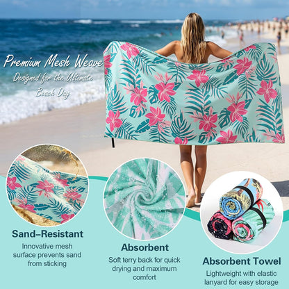 Oversized Beach Towel for Women Adults, 35x72" Large Sand-resist Beach Towel, Absorbent Compact Towel with Light Teal Pink Floral Double Sided Printed Design, Quick-dry Beach Towel for Pool Travel