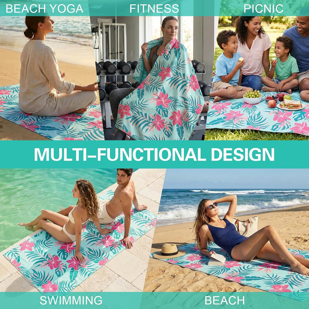 Oversized Beach Towel for Women Adults, 35x72" Large Sand-resist Beach Towel, Absorbent Compact Towel with Light Teal Pink Floral Double Sided Printed Design, Quick-dry Beach Towel for Pool Travel