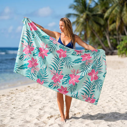 Oversized Beach Towel for Women Adults, 35x72" Large Sand-resist Beach Towel, Absorbent Compact Towel with Light Teal Pink Floral Double Sided Printed Design, Quick-dry Beach Towel for Pool Travel