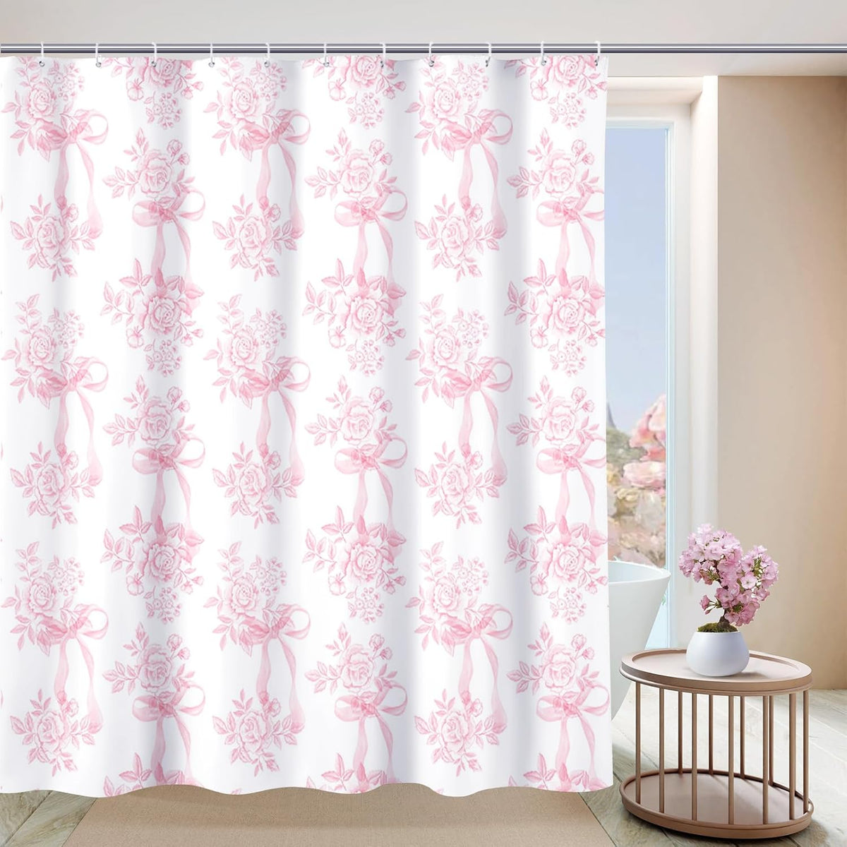 Pink Floral Bow Shower Curtain, Coquette Cute Bowknot Shower Curtain,Chinoiserie Flower Bow-tie Bathroom Decor Curtain Romantic Pink Aesthetic Bathroom Curtain with 12 Hooks 72x72IN