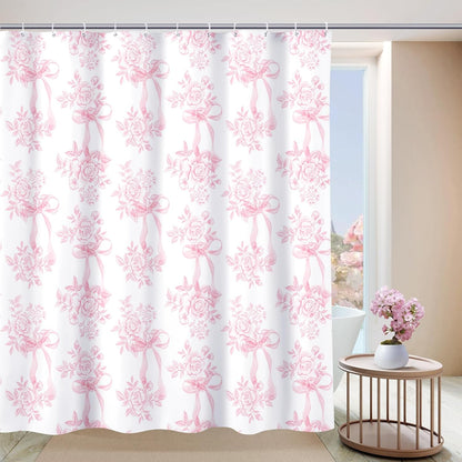 Pink Floral Bow Shower Curtain, Coquette Cute Bowknot Shower Curtain,Chinoiserie Flower Bow-tie Bathroom Decor Curtain Romantic Pink Aesthetic Bathroom Curtain with 12 Hooks 72x72IN