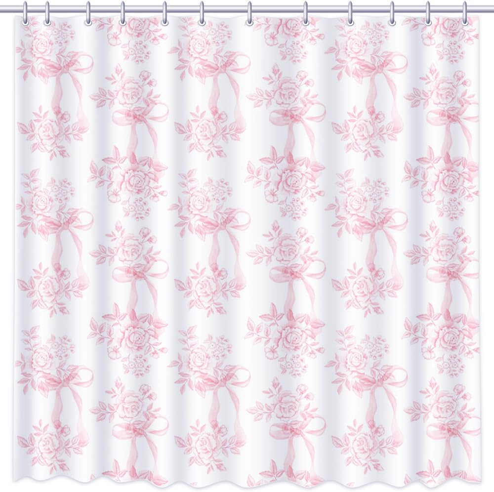 Pink Floral Bow Shower Curtain, Coquette Cute Bowknot Shower Curtain,Chinoiserie Flower Bow-tie Bathroom Decor Curtain Romantic Pink Aesthetic Bathroom Curtain with 12 Hooks 72x72IN