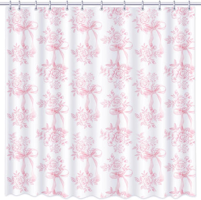 Pink Floral Bow Shower Curtain, Coquette Cute Bowknot Shower Curtain,Chinoiserie Flower Bow-tie Bathroom Decor Curtain Romantic Pink Aesthetic Bathroom Curtain with 12 Hooks 72x72IN