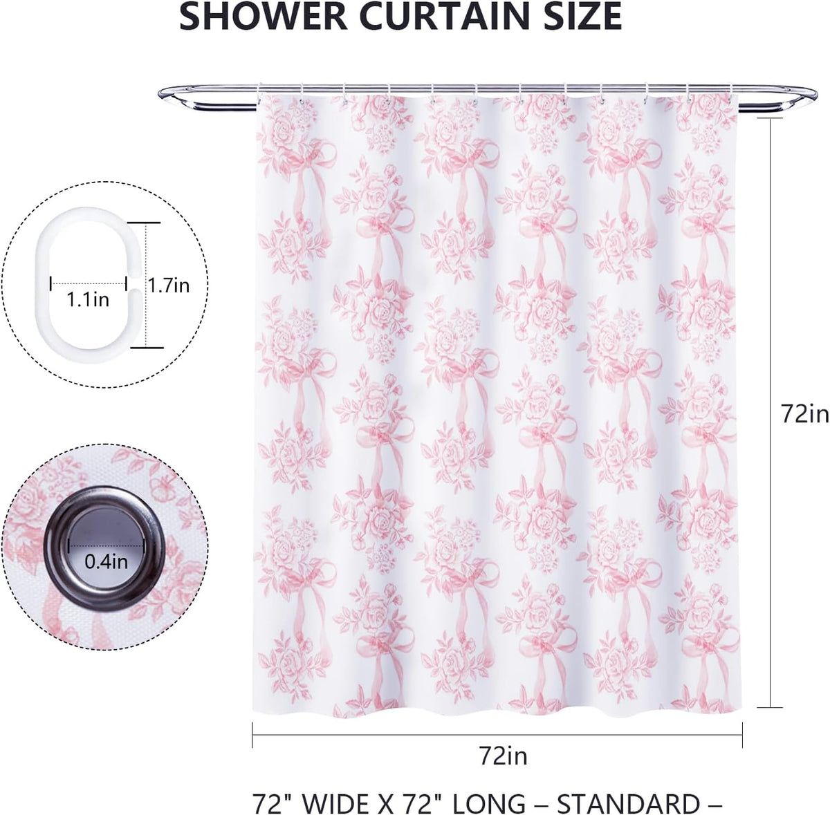 Pink Floral Bow Shower Curtain, Coquette Cute Bowknot Shower Curtain,Chinoiserie Flower Bow-tie Bathroom Decor Curtain Romantic Pink Aesthetic Bathroom Curtain with 12 Hooks 72x72IN