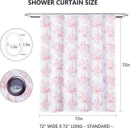 Pink Floral Bow Shower Curtain, Coquette Cute Bowknot Shower Curtain,Chinoiserie Flower Bow-tie Bathroom Decor Curtain Romantic Pink Aesthetic Bathroom Curtain with 12 Hooks 72x72IN