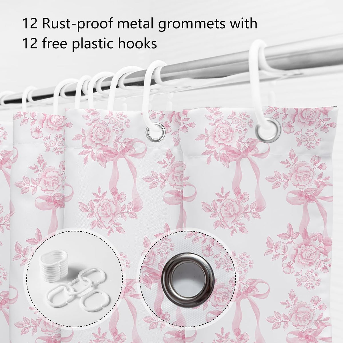 Pink Floral Bow Shower Curtain, Coquette Cute Bowknot Shower Curtain,Chinoiserie Flower Bow-tie Bathroom Decor Curtain Romantic Pink Aesthetic Bathroom Curtain with 12 Hooks 72x72IN