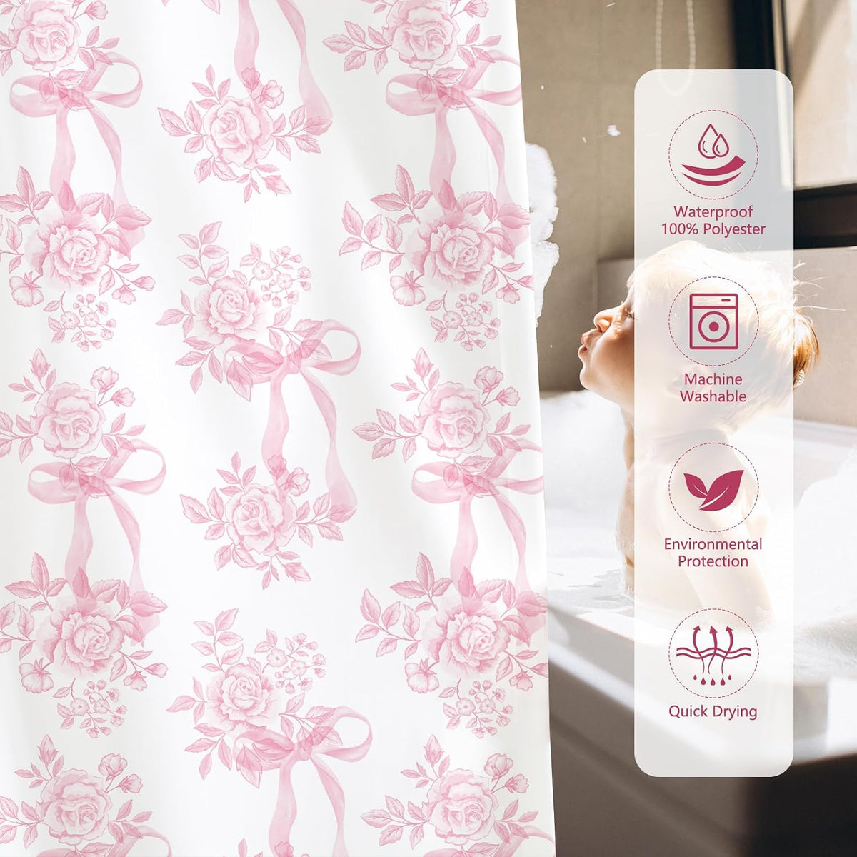 Pink Floral Bow Shower Curtain, Coquette Cute Bowknot Shower Curtain,Chinoiserie Flower Bow-tie Bathroom Decor Curtain Romantic Pink Aesthetic Bathroom Curtain with 12 Hooks 72x72IN