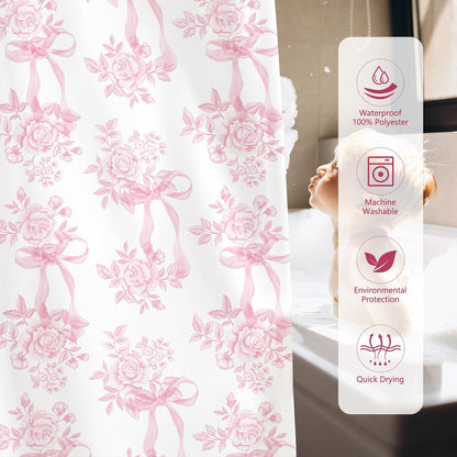 Pink Floral Bow Shower Curtain, Coquette Cute Bowknot Shower Curtain,Chinoiserie Flower Bow-tie Bathroom Decor Curtain Romantic Pink Aesthetic Bathroom Curtain with 12 Hooks 72x72IN