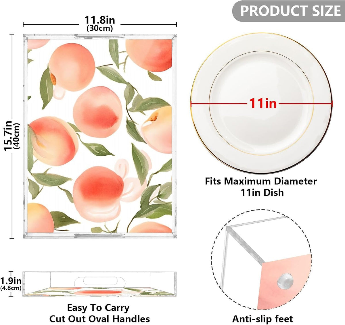 Spill Proof Acrylic Serving Tray, Countertop Organizer 16x12 Inch with Handles for Breakfast, Living Rooms, Coffee, Juice, Kitchen and Desk, (Watercolor Peach)