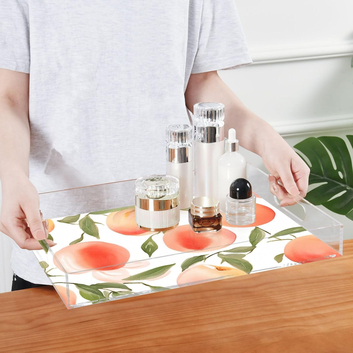 Spill Proof Acrylic Serving Tray, Countertop Organizer 16x12 Inch with Handles for Breakfast, Living Rooms, Coffee, Juice, Kitchen and Desk, (Watercolor Peach)